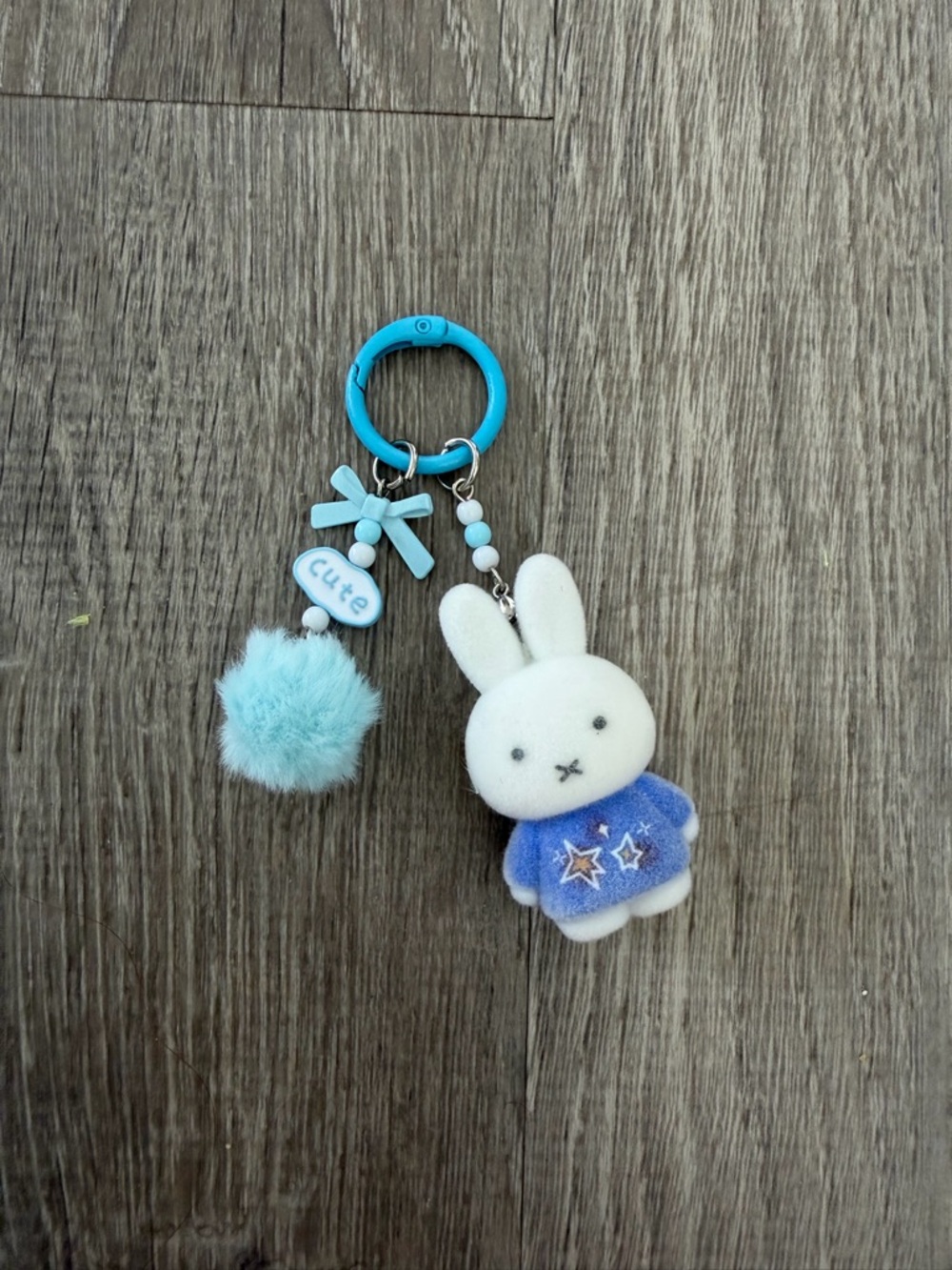 miffy Blue & White Bunny Plush Keychain with Pom and Charm